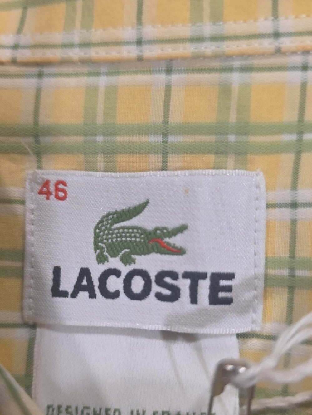 Lacoste Yellow and Green Plaid Short-Sleeve Button-Down Shirt. Size 46 Is An XL - Picture 2 of 5